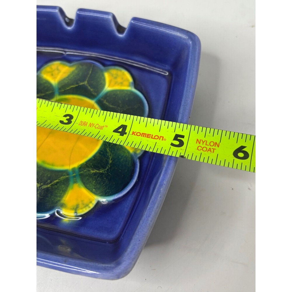 Vintage Japan Ceramic Ashtray Cobalt Blue Yellow Flower MCM Retro Square 5in - Picture 3 of 4